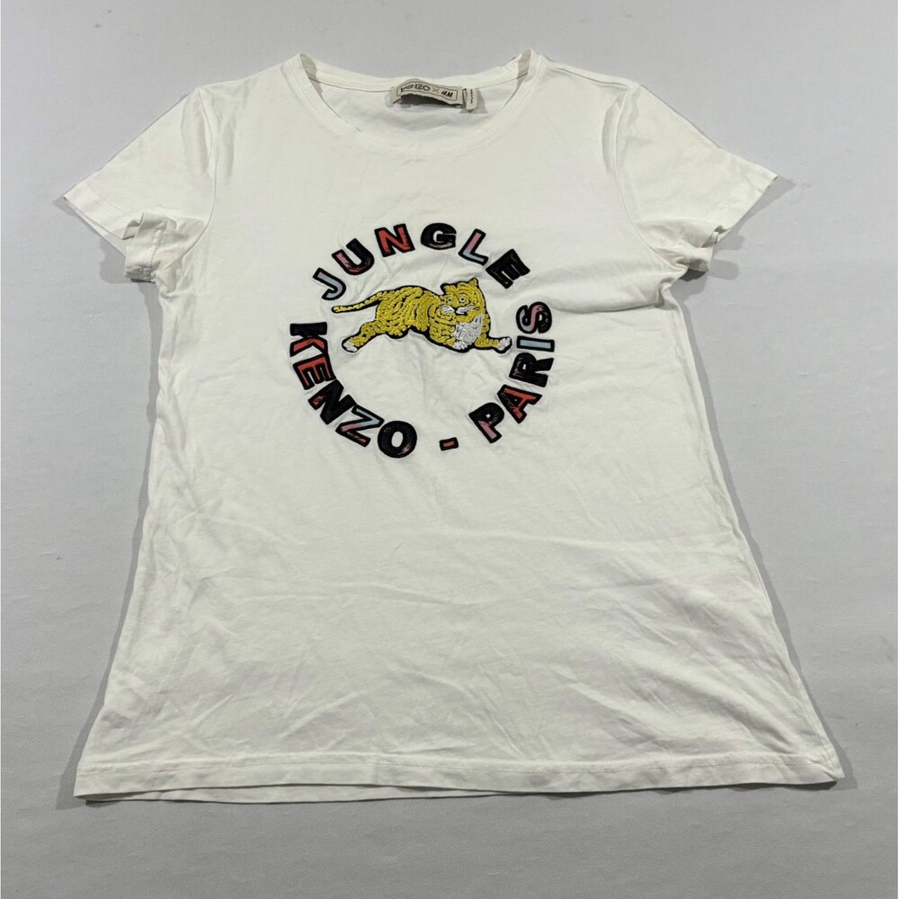 Kenzo X H&M Womens T-Shirt White Jungle Kenzo Graphic Embroidered Cotton Tee S